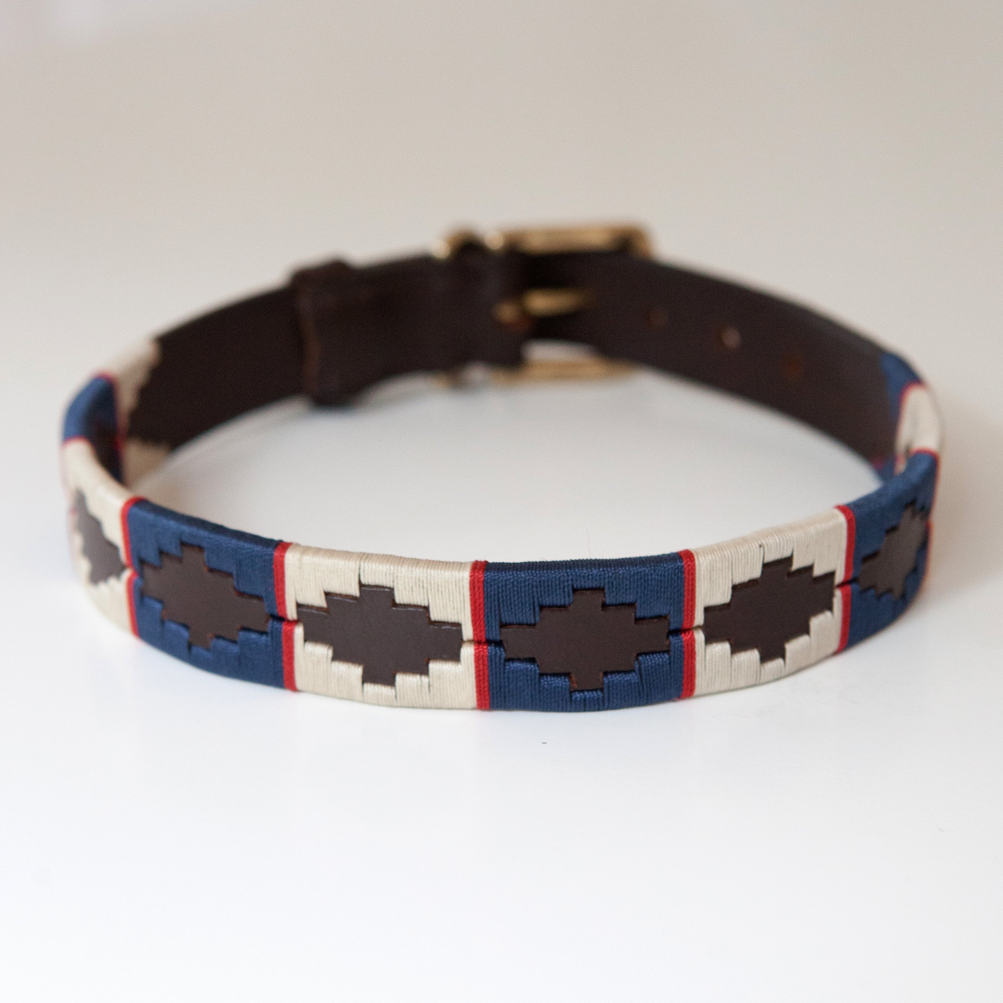 Good Dog Peanut Collar in brown leather blue red cream Large size